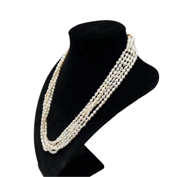 VINTAGE 5 STRAND RICE FRESHWATER PEARL 18" NECKLACE WITH 14k BALL CLASP CLOSURE - Picture 3 of 12